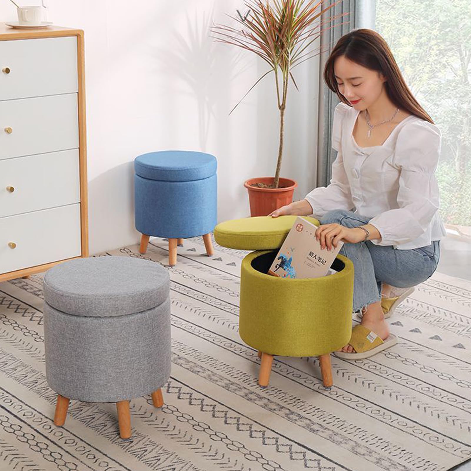 Taboret z litego drewna z toaletką do przechowywania do salonu, zdejmowana pokrywa, okrągłe podnóżki, maksymalna nośność 150 kg, rozmiar A5