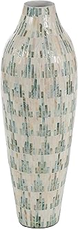 Mother of Pearl Shell Handmade Decorative Vase Mosaic Inspired Centerpiece Vase with Pastel Blue and Pink Accents, Flower Vase for Home Decoration 9" x 10" x 28", White
