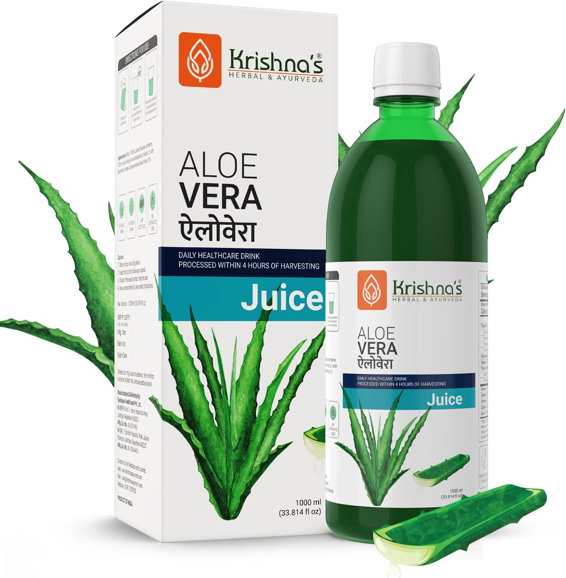 Krishna's Pulpy Aloe Vera Juice - 1000 ml | From Deserts of Rajasthan | Sugar free |Daily Natural Drink | Rejuvenates Skin and Hair