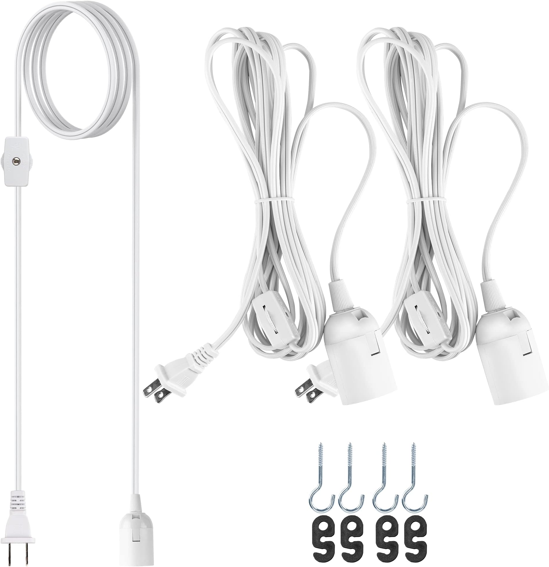 JACKYLED Extension Hanging Lantern Cord Cable UL 2-Pack 12Ft 360W with E26 E27 Socket Gear Switch + Hooks + 2-Prong US AC Power Plugs, Extra Lighting for Garage, Closet, Dark Corner, Plants