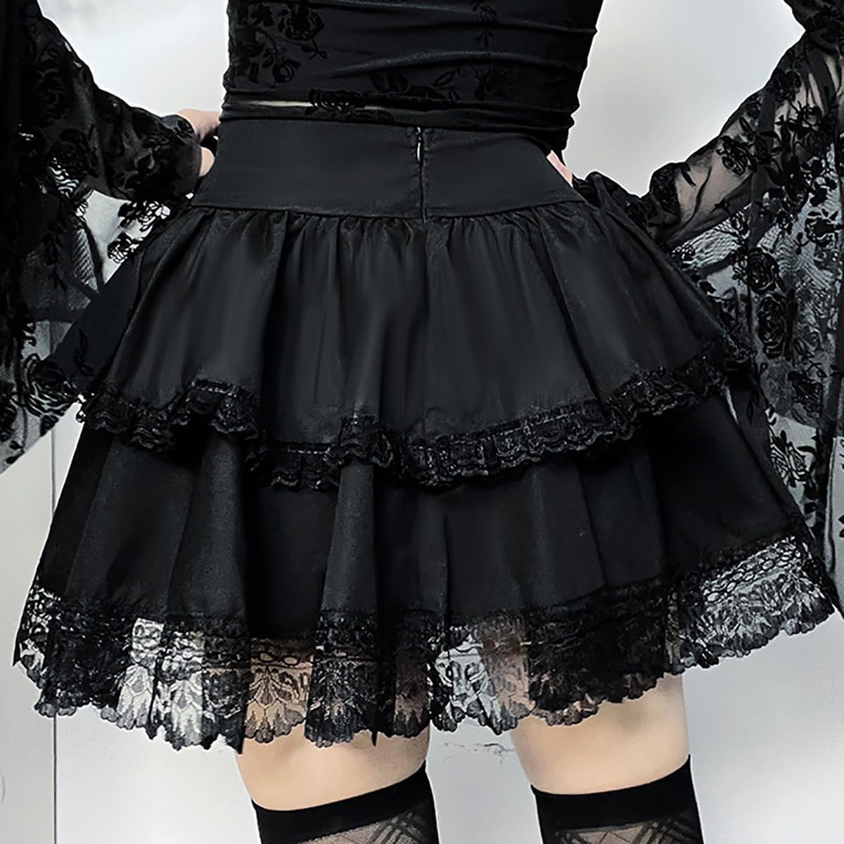 Womens Mini Gothic Skirt Tie Waist Lace Up Double Layered Ruffles Y2k Skirt Set with Chain - Image 3
