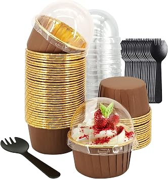 5oz Foil Cupcake Cups Muffin Tins 50 Pack,LNYZQUS Cupcake Liners with Dome Lids,Disposable Ramekins Pans Tins Wrappers Holders,Large Muffin Liners Baking Cups-Brown in gold