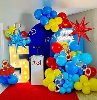 Red Blue Yellow Balloon garland arch kit 140PCS Primary Color with Starburst Balloons for Cartoon Sonic Carnival Circus Theme birthday Party Decorations