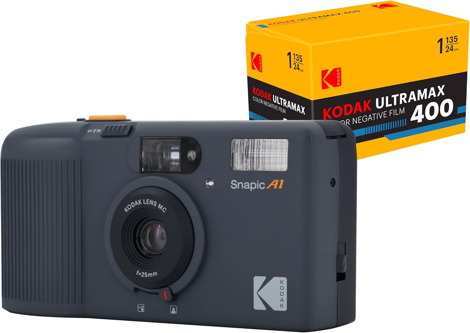 KODAK Snapic A1 35mm Film Camera 35mm, Reusable, 2-Zone Focus, Lightweight, Compact (Rhino Grey) Bundle with Kodak Ultramax 400/24EXP 35mm Roll Film
