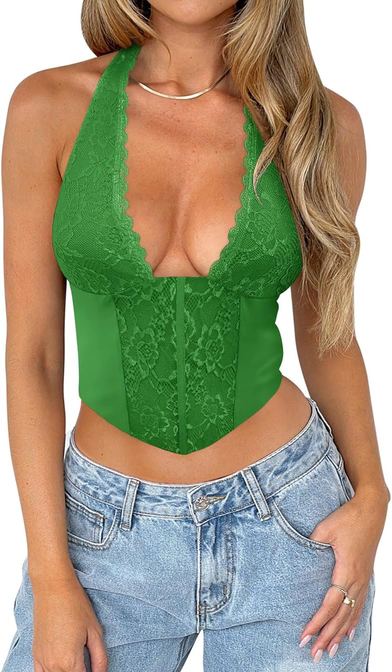 Women Sexy Lace Halter Neck Tank Top Sleeveless Backless Y2k Trendy Going Out Corset Crop Tops - Image 4