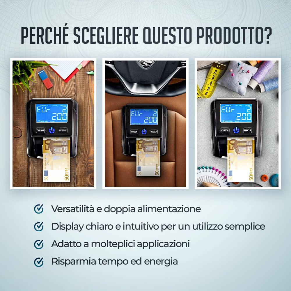 Rilevatore e Conta Banconote Portatile Senza Fili – Verifica Banconote False con 7 Controlli, Display LCD, Aggiornabile via USB, Batteria Inclusa, Testato al 100% per Euro