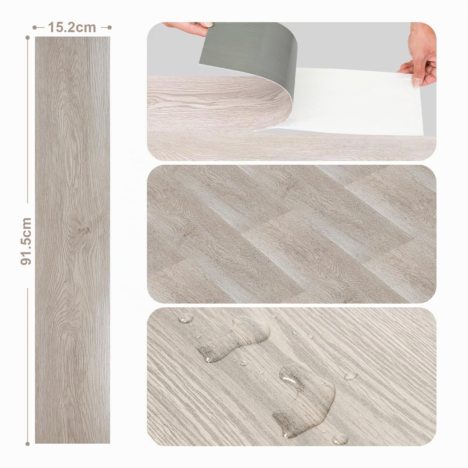 Rivestimento per pavimento in PVC autoadesivo, 91,5 cm x 15,2 cm x 1,5 mm, 10 m²/70 piastrelle, impermeabile, effetto legno, per cucina, bagno, rovere bianco