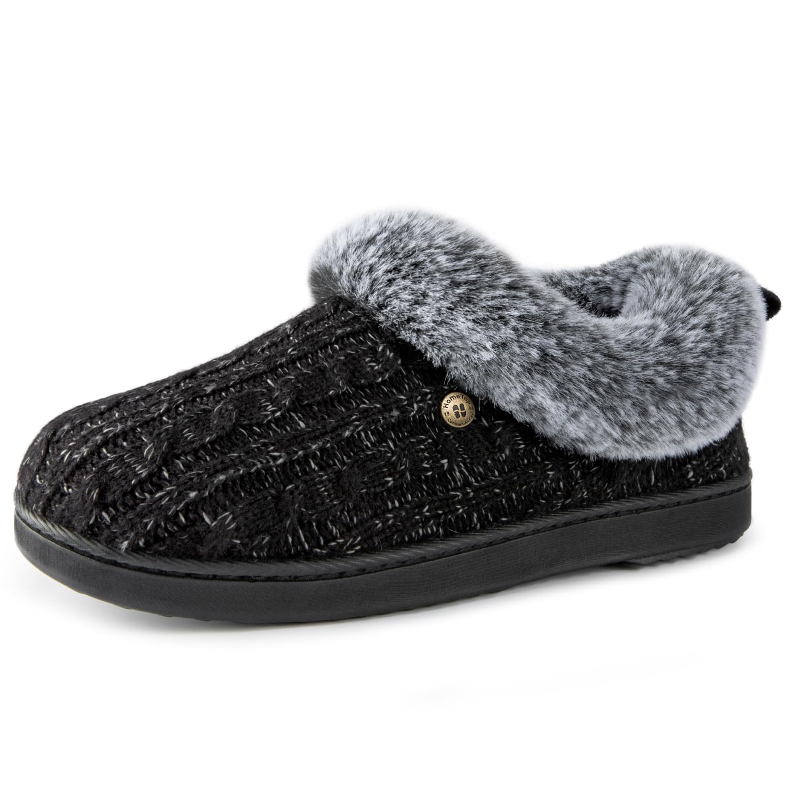 HomeTop Womens Cable Knit Slippers Breathable Warm Comfy Non-slip Indoor Outdoor House Shoes with Fuzzy Collar