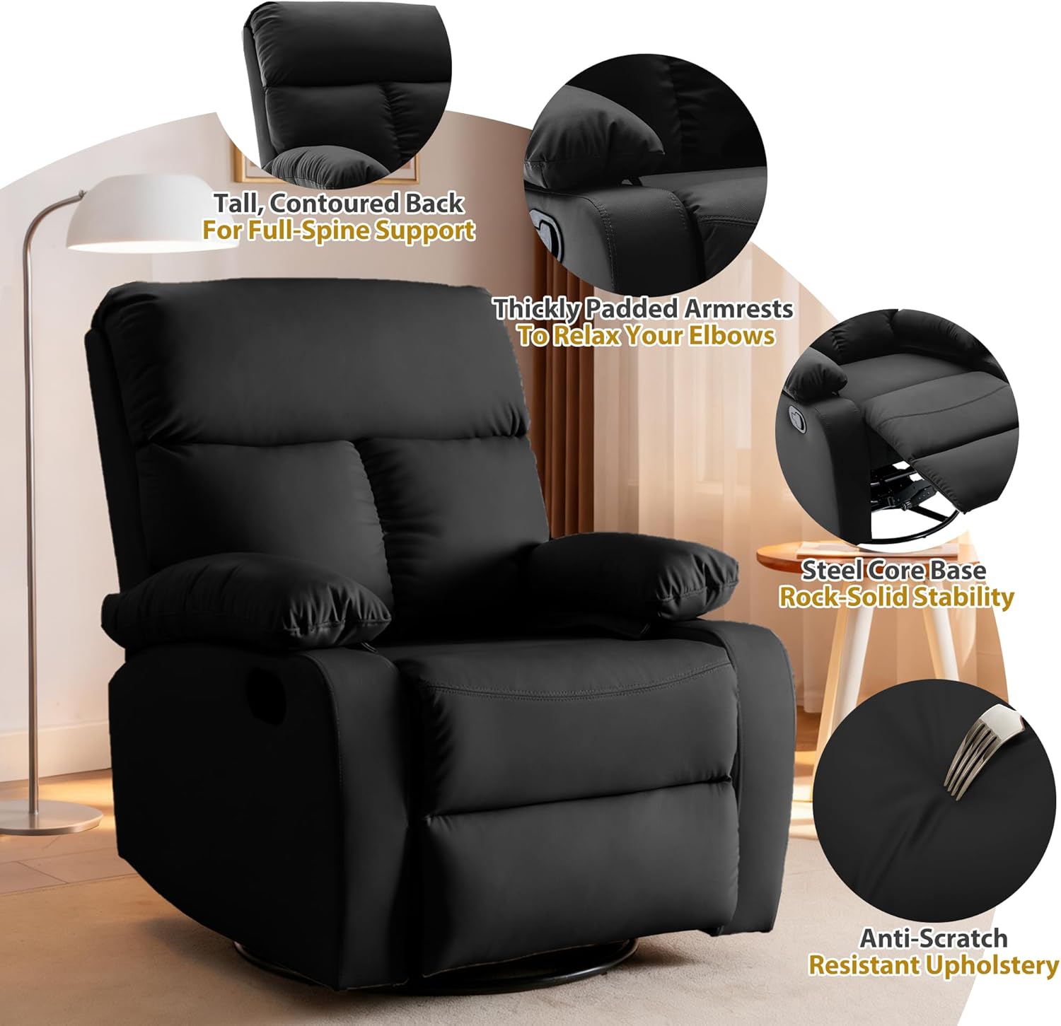 Rocking Recliner, 360° Swivel Recliner Chairs for Adults, Small Rocker Recliners for Small Spaces, Living Room, Bedroom, Nursery, RV, Black
