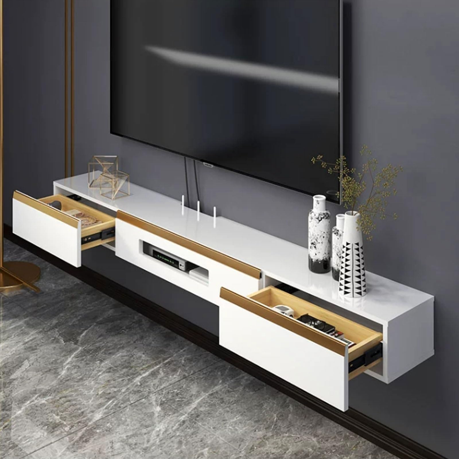 Supporto da parete per TV e lettore DVD, mensola sospesa per TV e lettore DVD, moderna console per TV bianca, soluzione di archiviazione per la casa, 180 x 17,8 x 25,6 cm