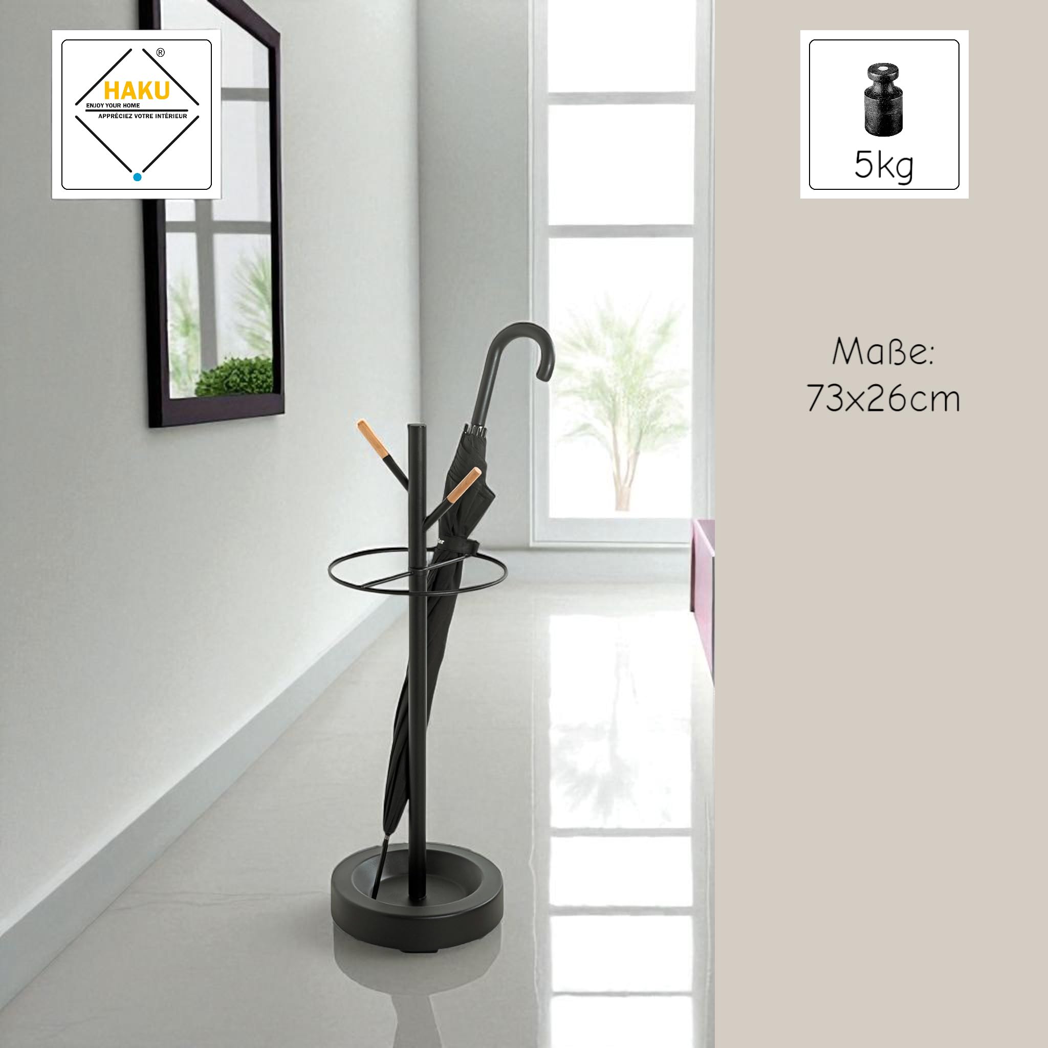 HAKU Portaombrelli faggio, nero, metallo - Dim. A 73 cm x Ø 26 cm, Stile Moderno