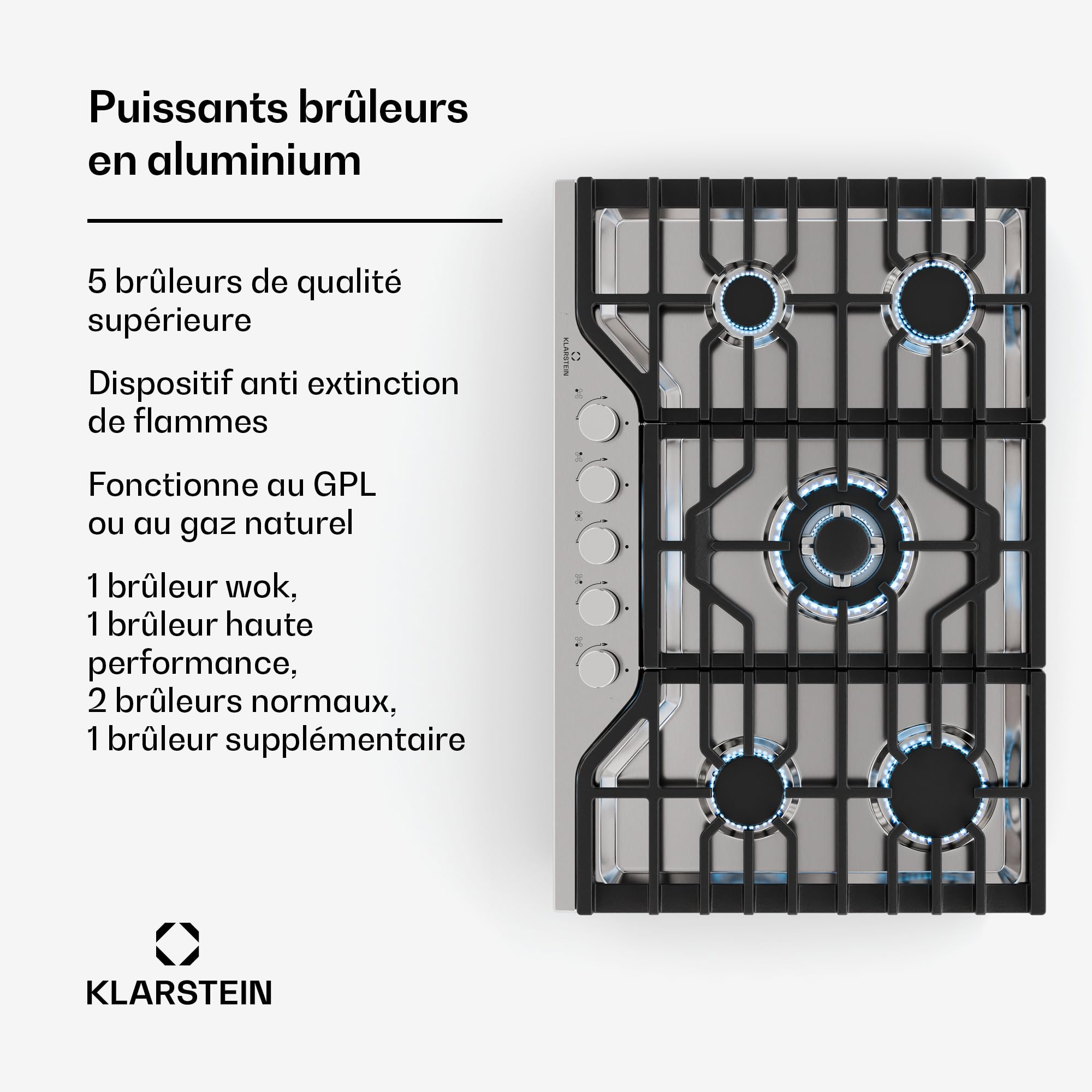 Klarstein Turbocast Placa de Gas, 5 Quemadores, Acero Inoxidable 304, Quemador Wok 3,4kW, Encendido Automático, Apagado de Seguridad, Kit GLP, Encimera Gas Profesional, 750×100×500mm