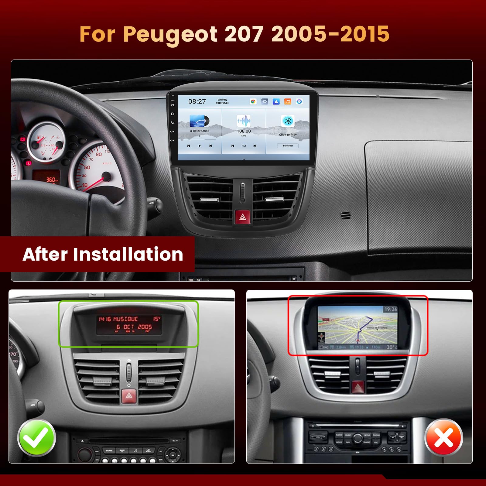 Qualcomm 8-Core, 4GB+64GB Android 15 Autoradio für Peugeot 207 2005-2015 Kabelloses CarPlay Android Auto, DSP, 9-Zoll IPS Touchscreen Bluetooth, FM/RDS, Lenkradsteuerung, AHD Rückfahrkamera