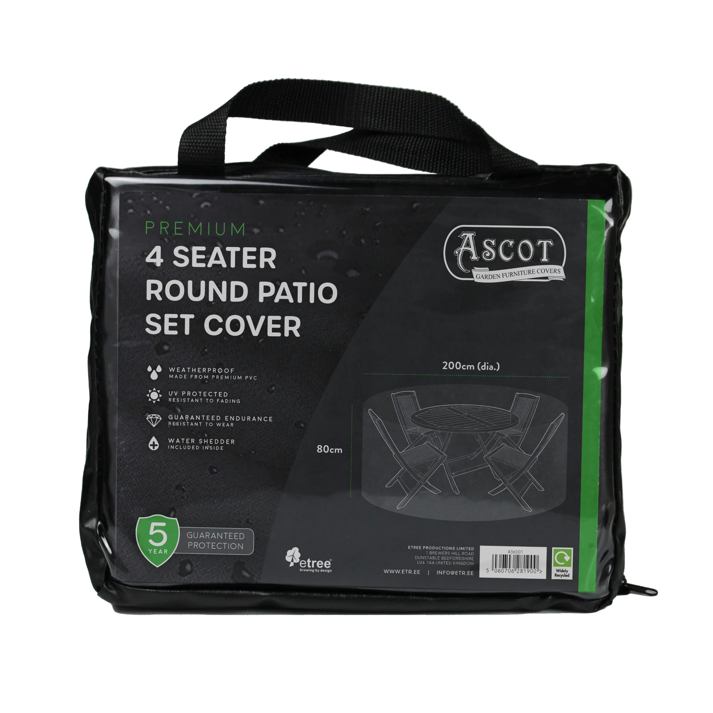 Ascot Garden Furniture Covers Black Ascot Premium 4 Seater Round Patio Set Cover - 200 (Dia.) X 80(H) Cm Deep