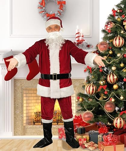 Miniatura 5 de Disfraz de Papá Noel de Navidad, traje de franela de terciopelo para adultos, disfraz clásico para hombres