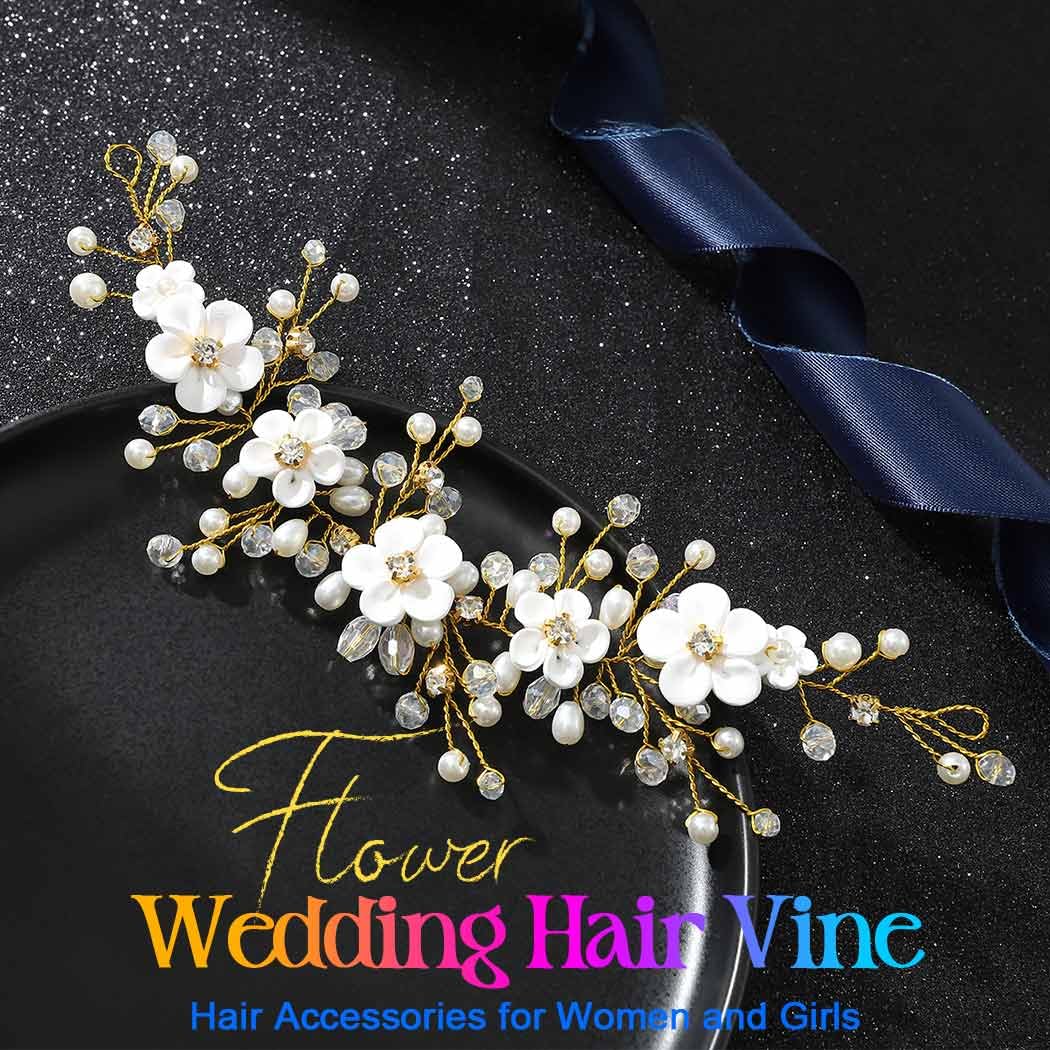 HEREAD Flower Bride Wedding Hair Vine Pearl Bridal Headband Rhinestones Hair Breath Accessories for Women and Girls (B Gold) - Image 2