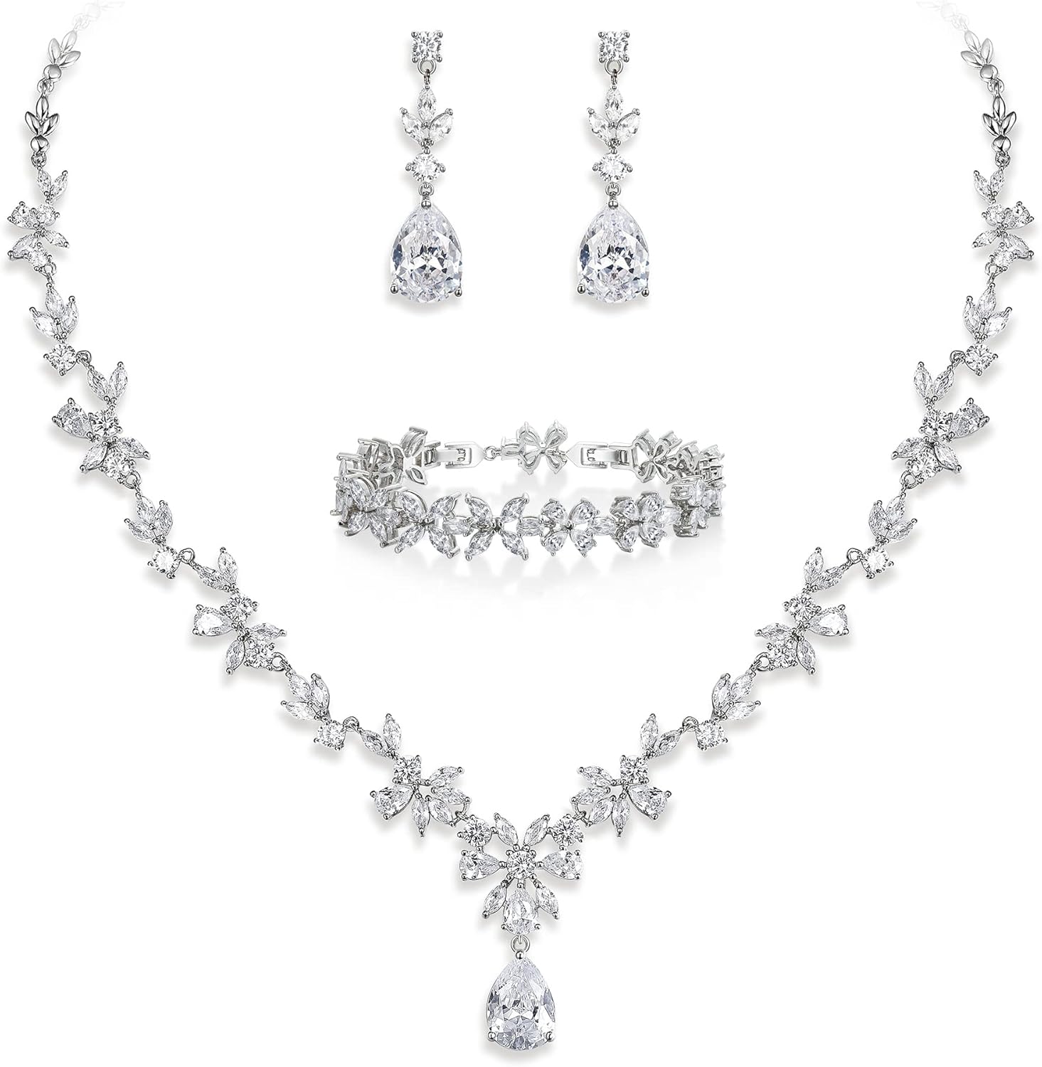 EVER FAITH Bridal Jewelry Set for Bride Bridesmaid, Flower Leaf Teardrop Cubic Zirconia Necklace Dangle Earrings Bracelet Wedding Party for Women EVER FAITH Bridal Jewelry Set for Bride Bridesmaid, Flower Leaf Teardrop Cubic Zirconia Necklace Dangle Earrings Bracelet Wedding Party for Women