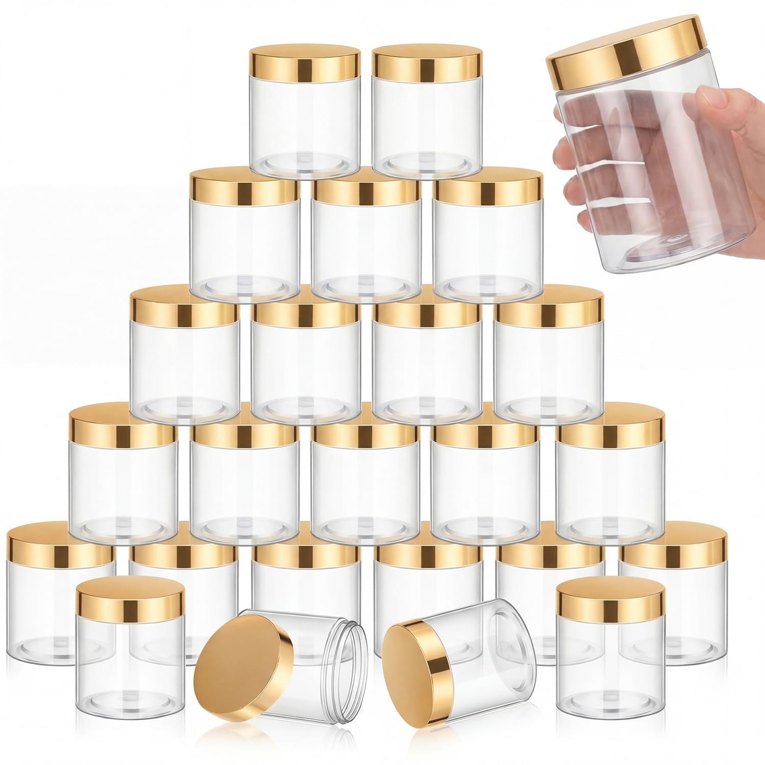 SATINIOR 24 Pieces Clear Plastic Jars with Lids, Gold Lid, 16 oz