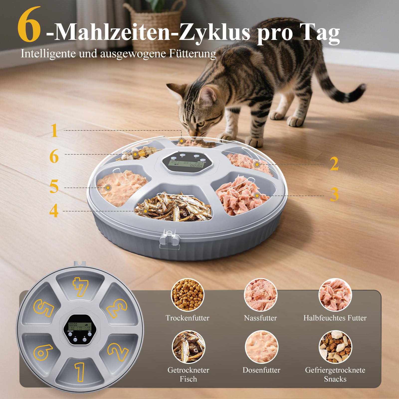 Relaxdays automatische voerbak kat, voor 6 porties, H x : 5,5 x 30,5 cm, voerautomaat met timer, elektrisch, wit/grijs