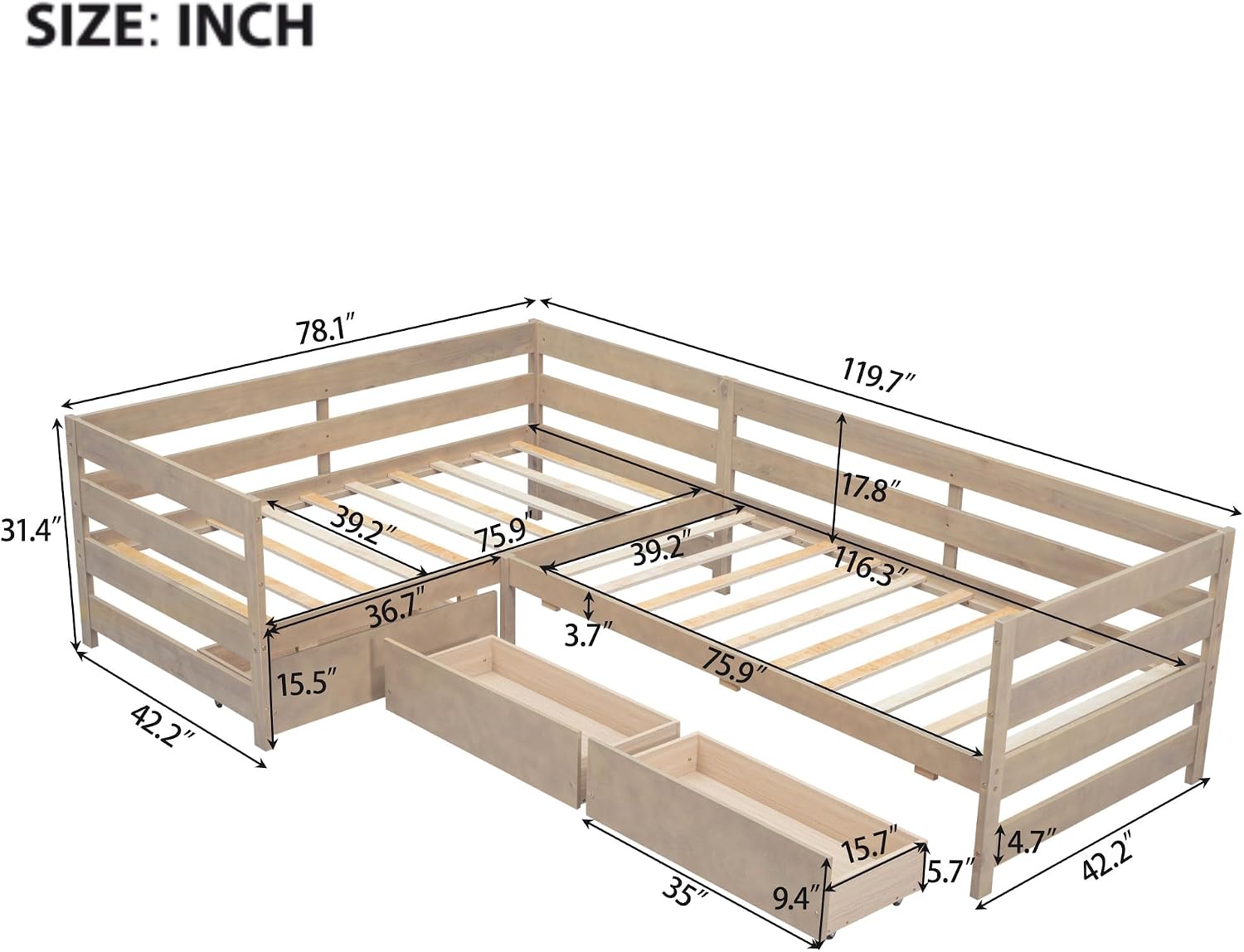 Detailed dimensions diagram for DNYN L-Shaped Platform Bed
