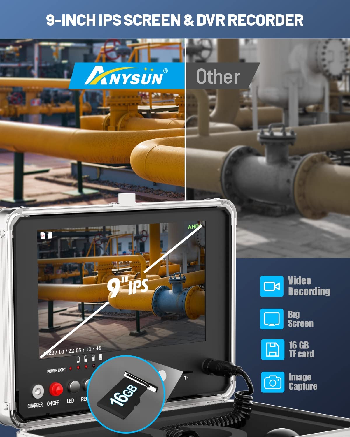 Anysun Telecamera di Ispezione, Endoscopio Industriale con Registratore DVR, Videoispezione IP68 Impermeabile per Tecnico Idraulico