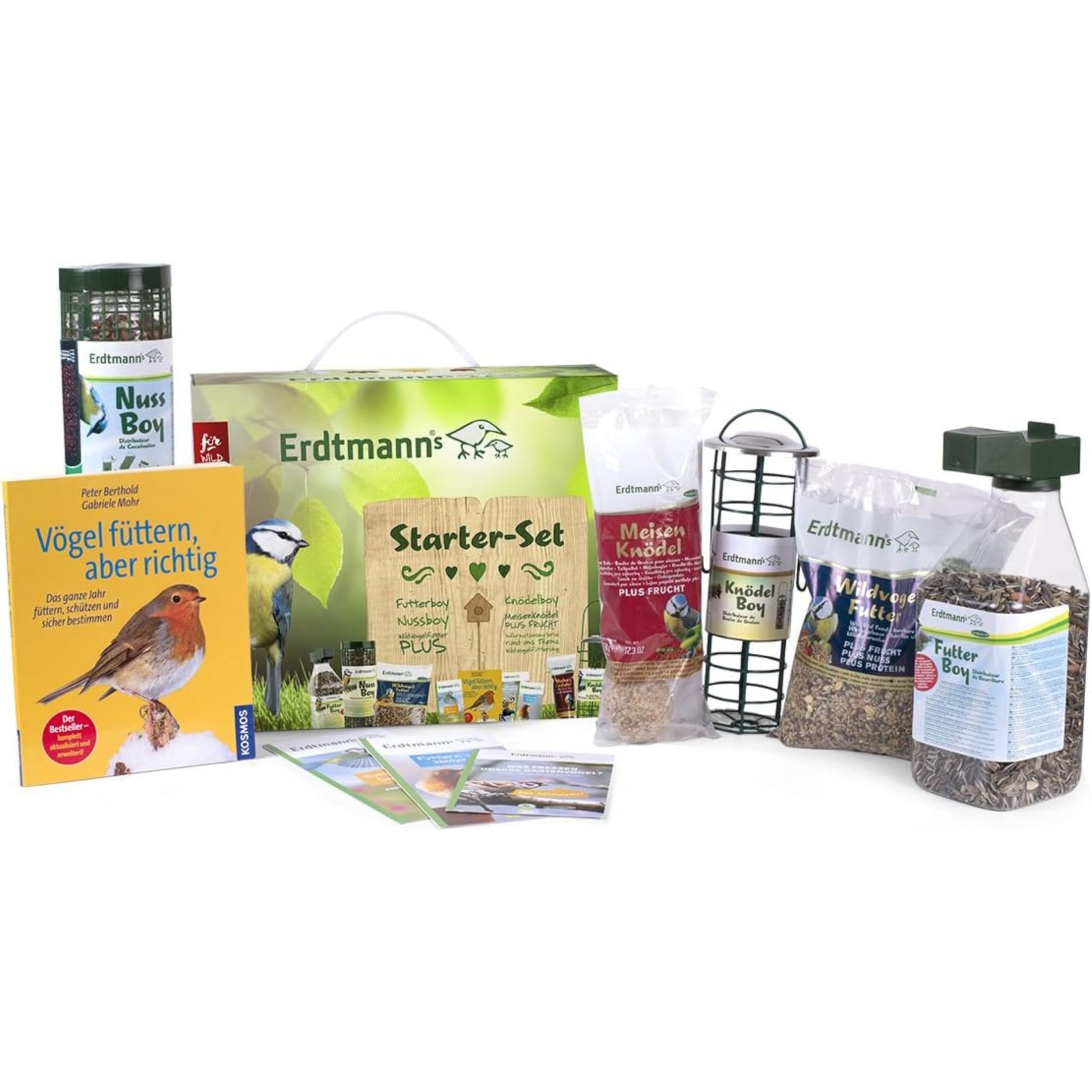 Erdtmanns Wildvogelfutter Starterpaket (1 x 2.15 kg) – mit Futterspender & Buch von Peter Berthold – inkl. Poster & Füttertipps für Sommer & Winter – Vogelfutter – Geschenkset für Naturfreunde