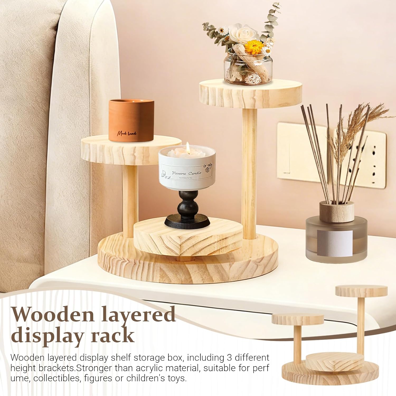 1Pcs Wooden Table Display Risers, Flower Stand on The Desk,3 Tier Display Stand for Displaying Jewelry Collections and Potted Plants.
