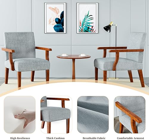 Miniatura 10 de Juego de 2 sillas decorativas de tela, sillas laterales de tela de lino sin brazos con mesa auxiliar redonda de madera, silla moderna para sala de