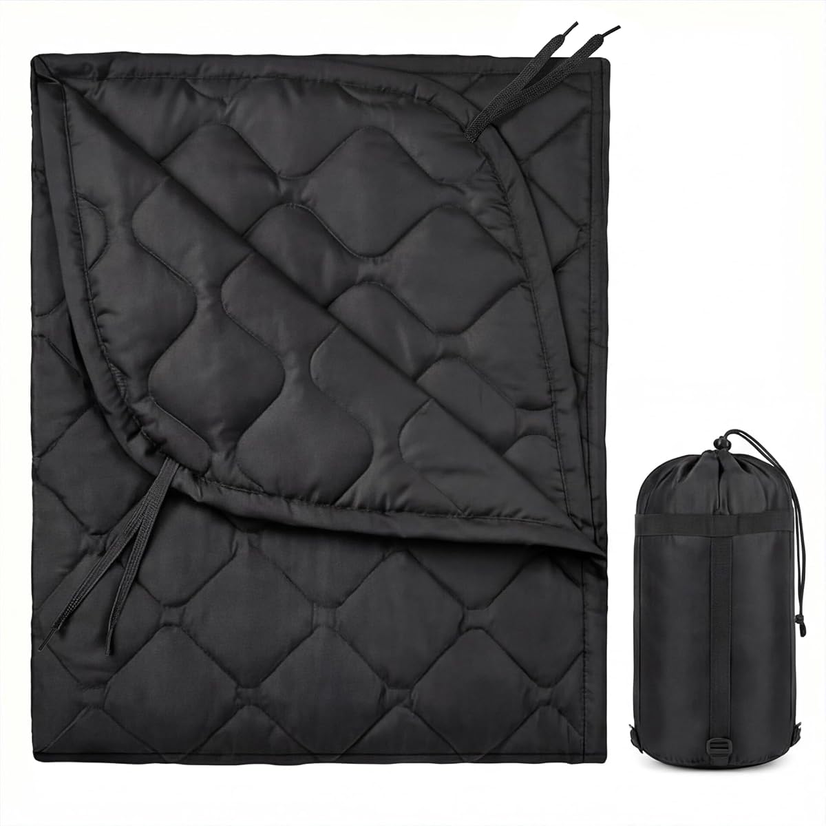 Insulated Camping Blanket | Military Poncho Liner for Outdoor Hiking Backpacking Travel Hunting & Survival, Lightweight & Packable with Compression Bag, Water Resistant (Black) (Black)