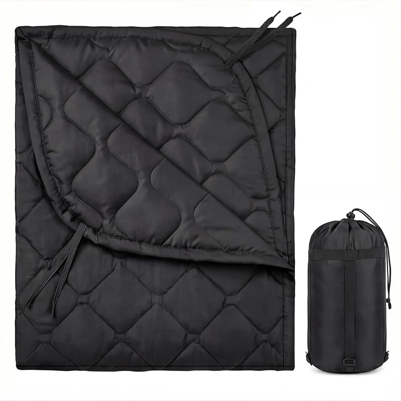Manta de camping aislante | Forro de poncho militar para senderismo al aire libre Mochilero de viaje Caza y supervivencia, ligero y empacable con bolsa de compresión, resistente al agua (negro) (negro)