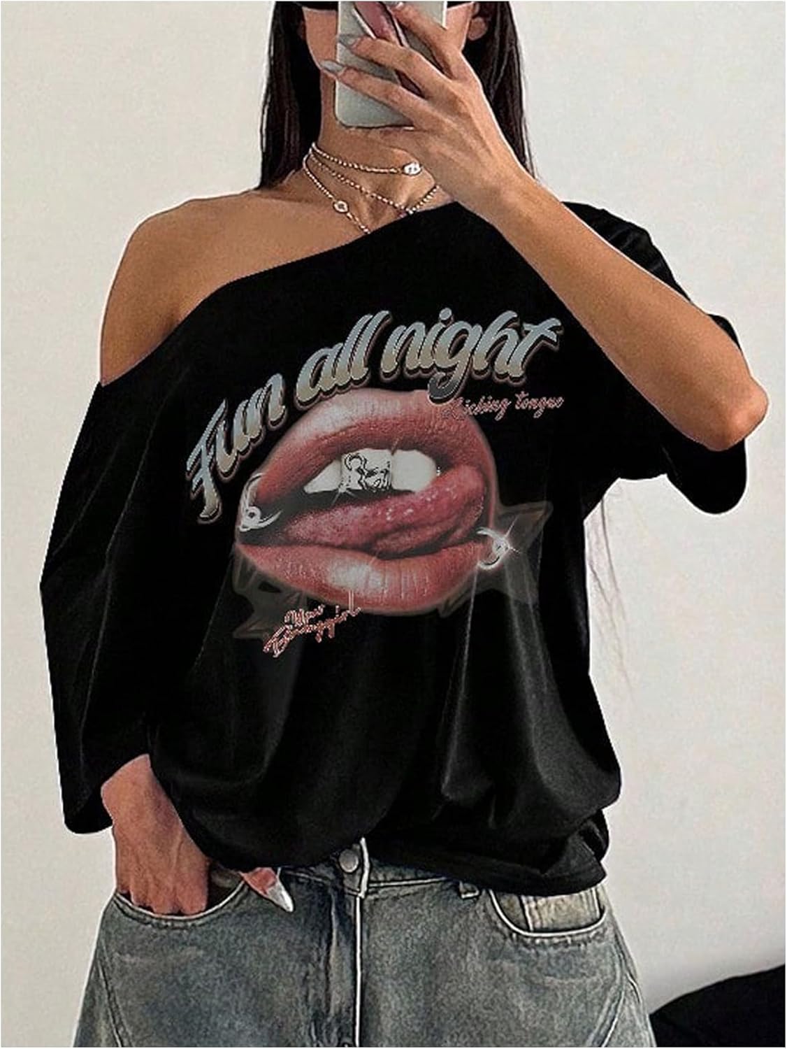 SweatyRocks Women's Off The Shoulder Oversized T Shirts Lip Graphic Tees Streetwear Punk Y2k Tops - Image 2