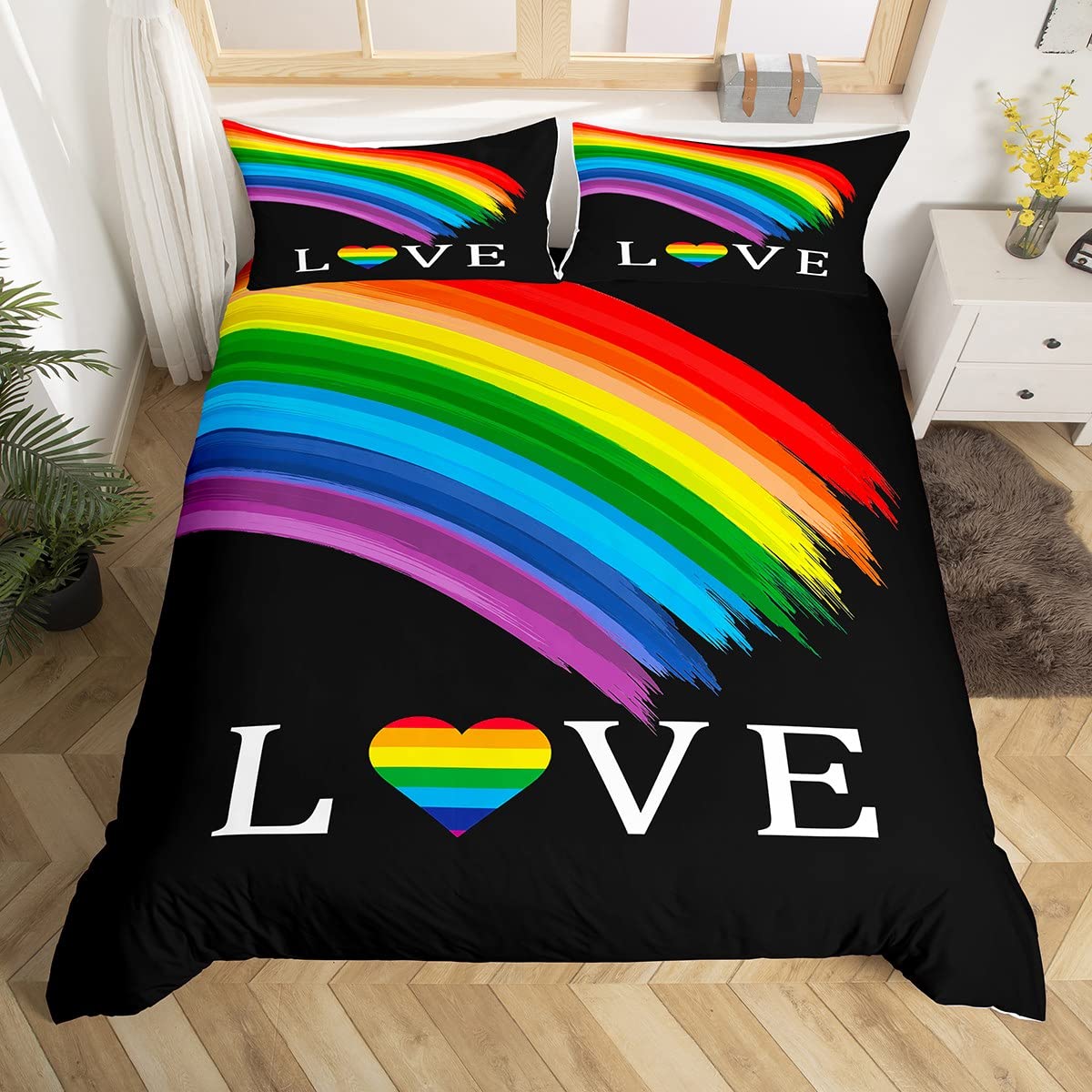 Feelingyou Women's Rainbow Love Bedding Set,Colorful Stripes Comforter Cover Set For Teens Room Decor,Love Theme Duvet Cover Breathable Pride Theme Bedspread Cover Double Size