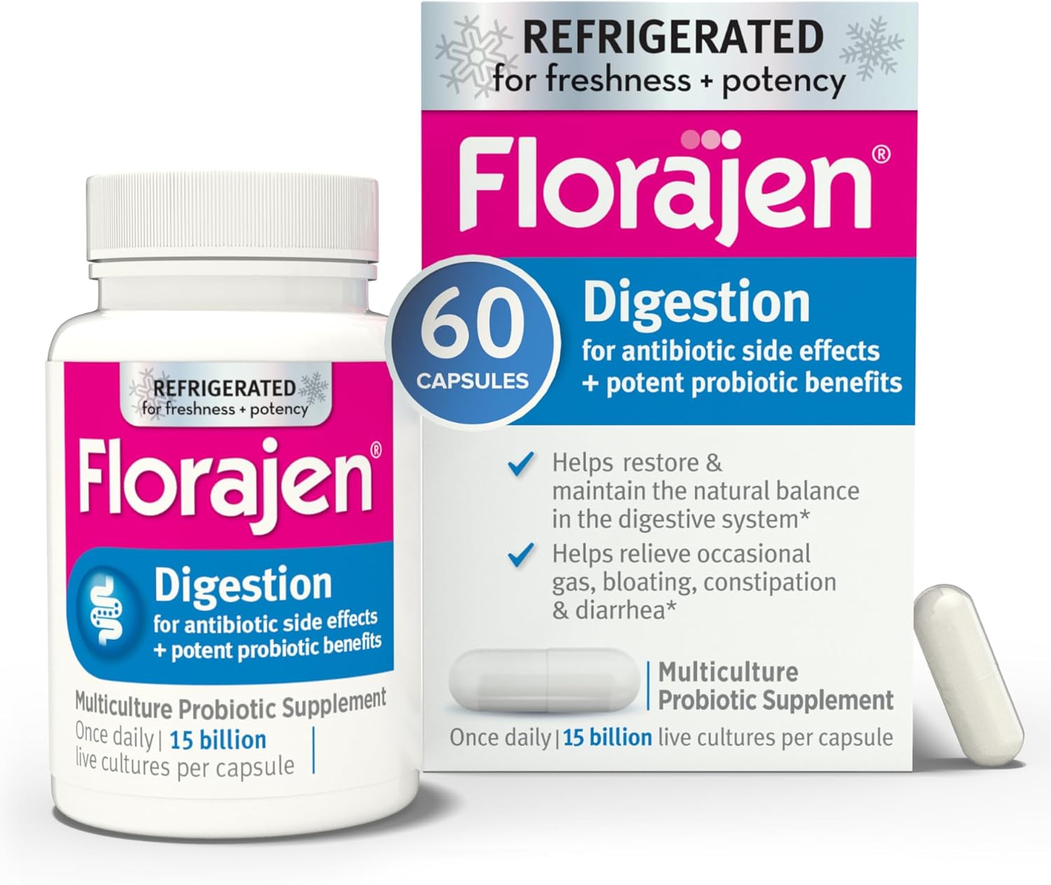 Florajen Digestion Probiotics (Refrigerated) – Advanced Gas & Bloat Supplement with Lactobacillus, Supports Gut Health, Unbloat & Good Flora, Adult Daily Probiotics for Constipation, 60 Count