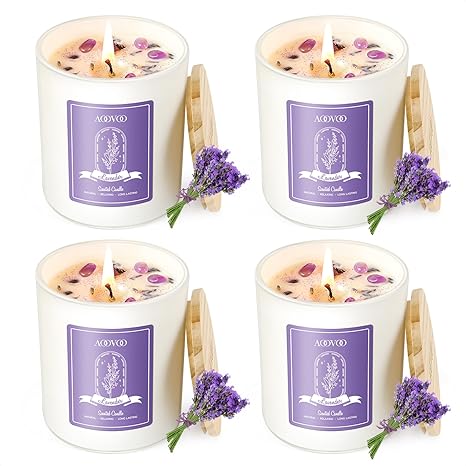 AOOVOO Lavender Candles Set for Women - 4 Pack Candles for Home Scented, Aromatherapy Candle with Crystals Inside, 28 oz 200 Hour Long Lasting, Birthday Gifts Mothers Day Candle for Women Mom