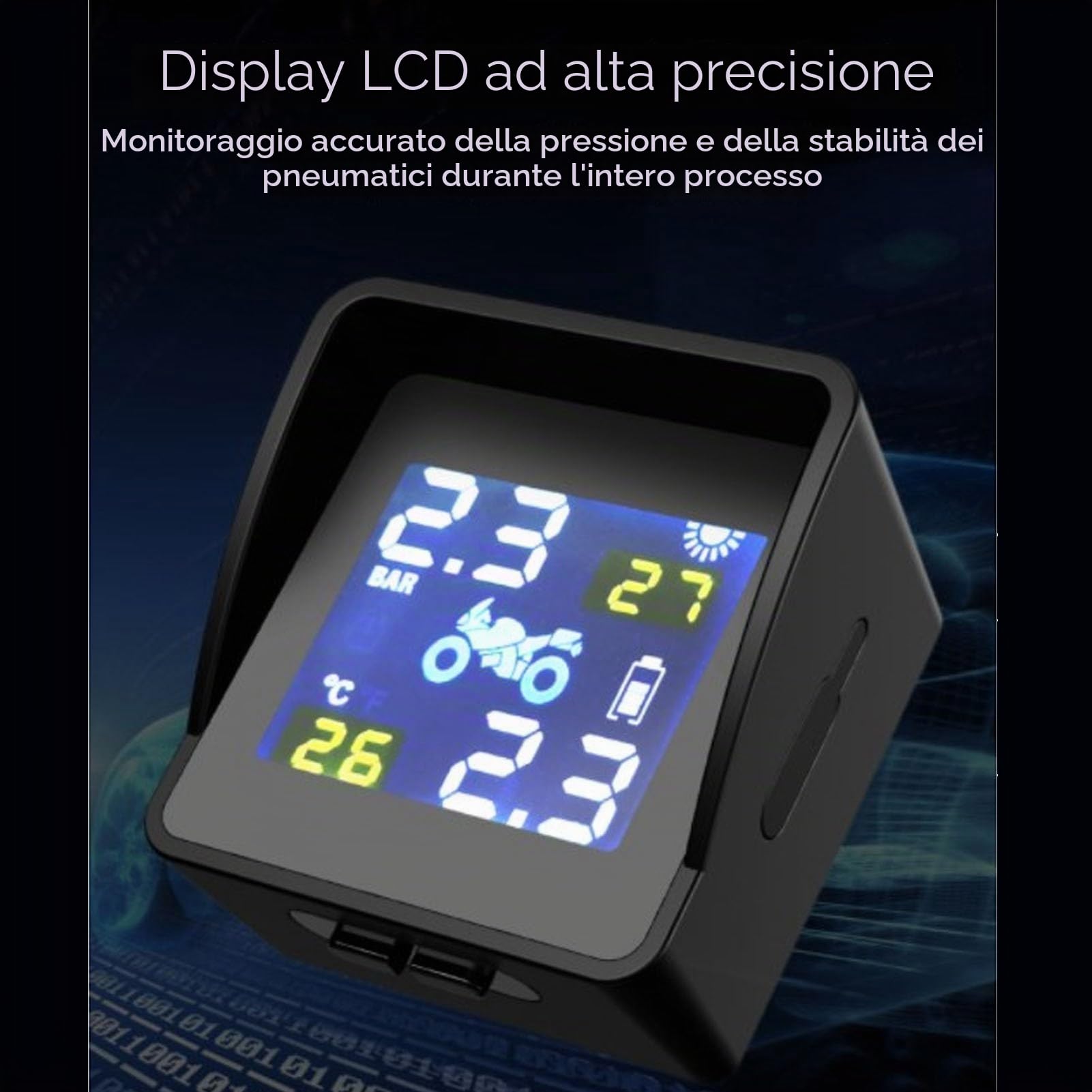 Monitor della Pressione dei Pneumatici Sisteme Solare di monitoraggio della Pressione dei Pneumatici Bluetooth TPMS con Display LCD e 2 sensori Esterni per Scooter Moto
