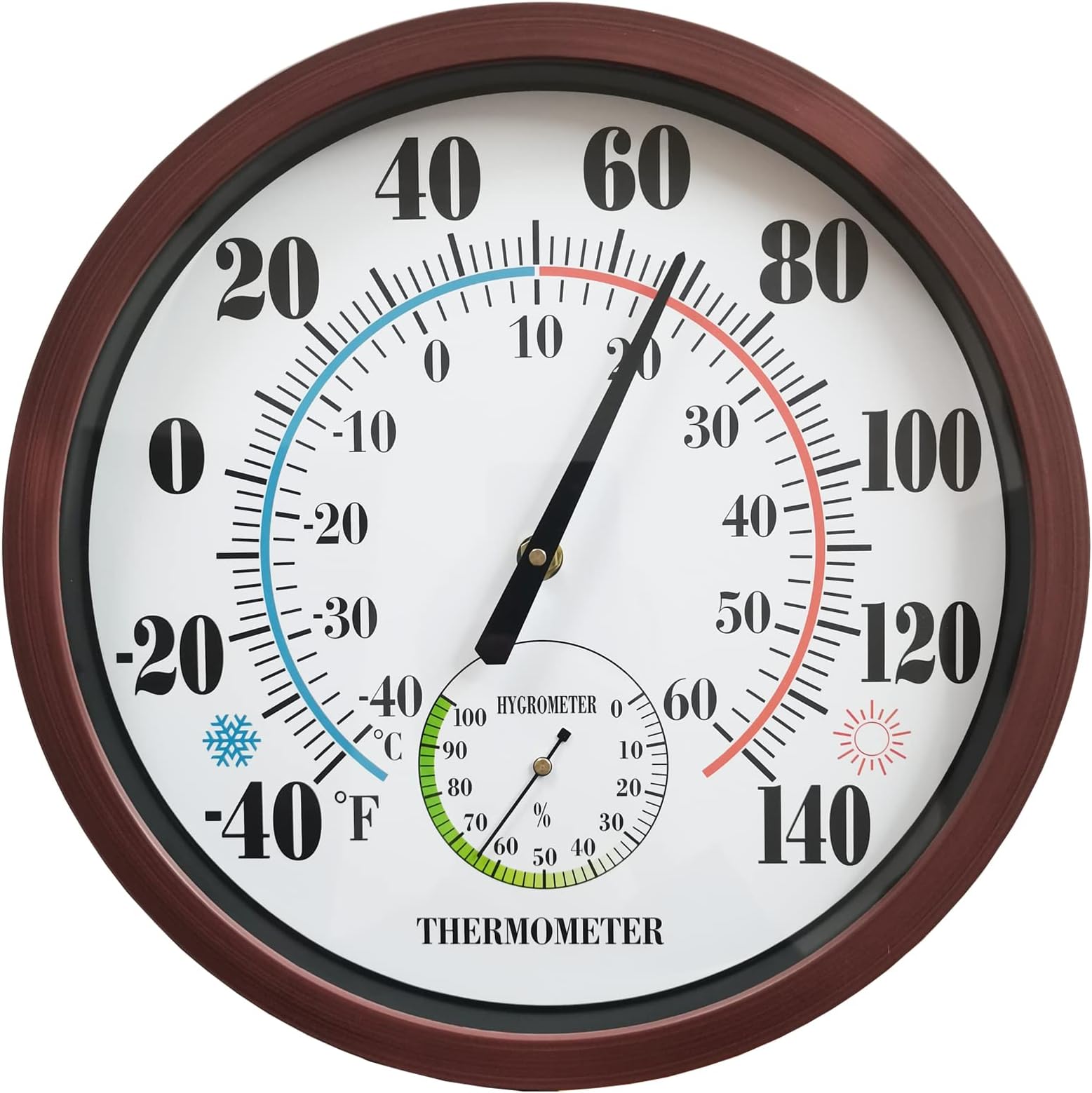 Indoor Outdoor Thermometer Large Numbers 12 Inch Wall Weather Thermometer Hanging Garden Decor Hygrometer No Battery Needed (Brown)