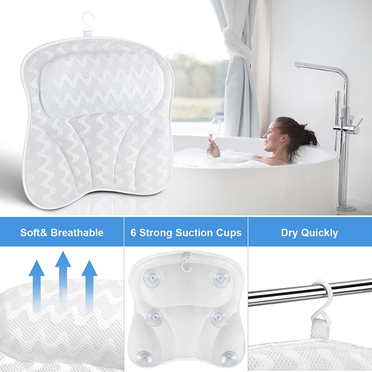 Bath Pillow,3D Air Mesh Bathtub Pillow for Neck, Head and Shoulders, Luxury Bath Tub Pillow with 6 Strong Grip Suction Women & Men, Hangable and Dry Quickly Spa Pillow, Comfortable Bath Accessories : Beauty & Personal Care
