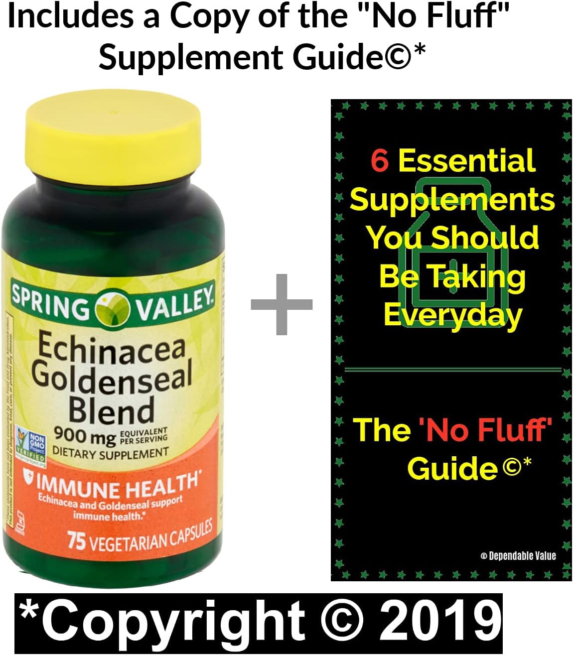 Echinacea Goldenseal Blend Capsules, 900 mg, 75 Ct to Boost Immunity Bundle w/ 'No Fluff' Supplement Guide©