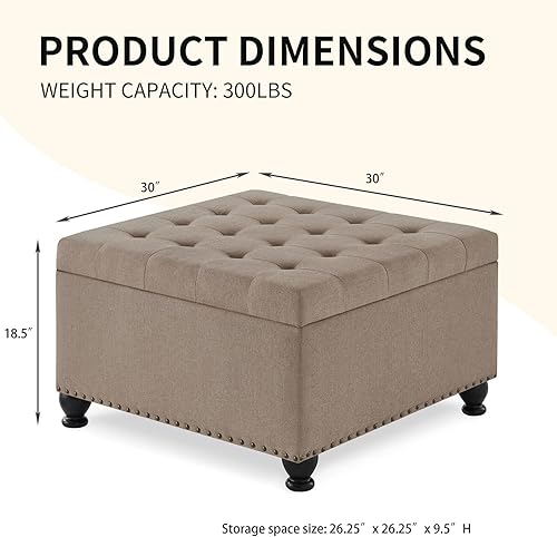 Miniatura 2 de Sudwesto Mid-Century - Banco otomano cuadrado de almacenamiento, banco copetudo con botones con ribete de cabeza de clavos, mesa de centro tapizada