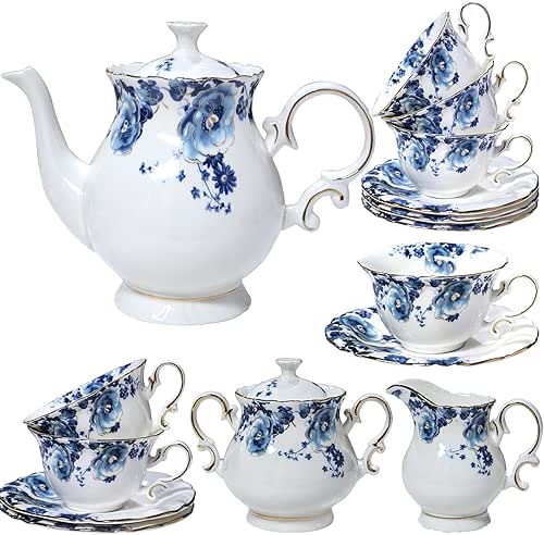 21-Piece Bone China Tea Set for Adults, Blue and White
