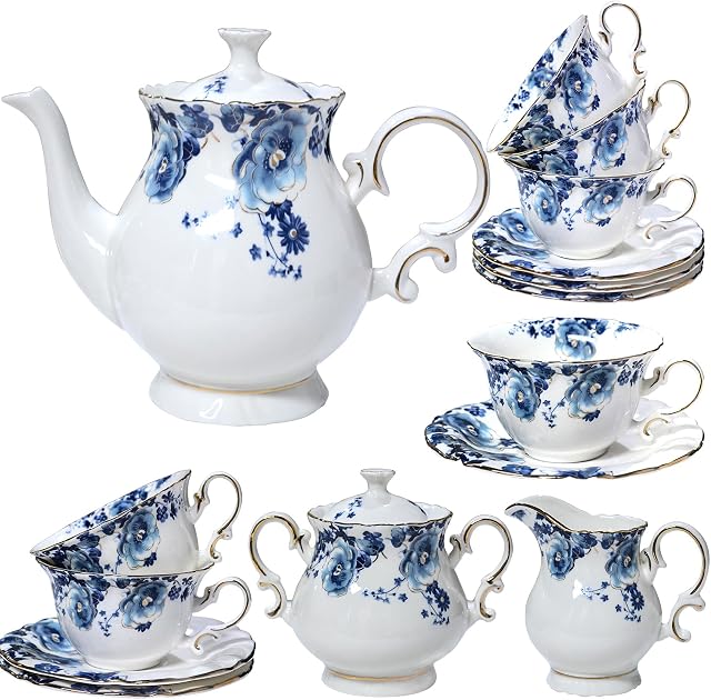 21-Piece Bone China Tea Sets for Adults, Blue and White Porcelain Tea Set for 6, Vintage Floral Tea Set with Teapot, Tea Party Sets for Women or Gift