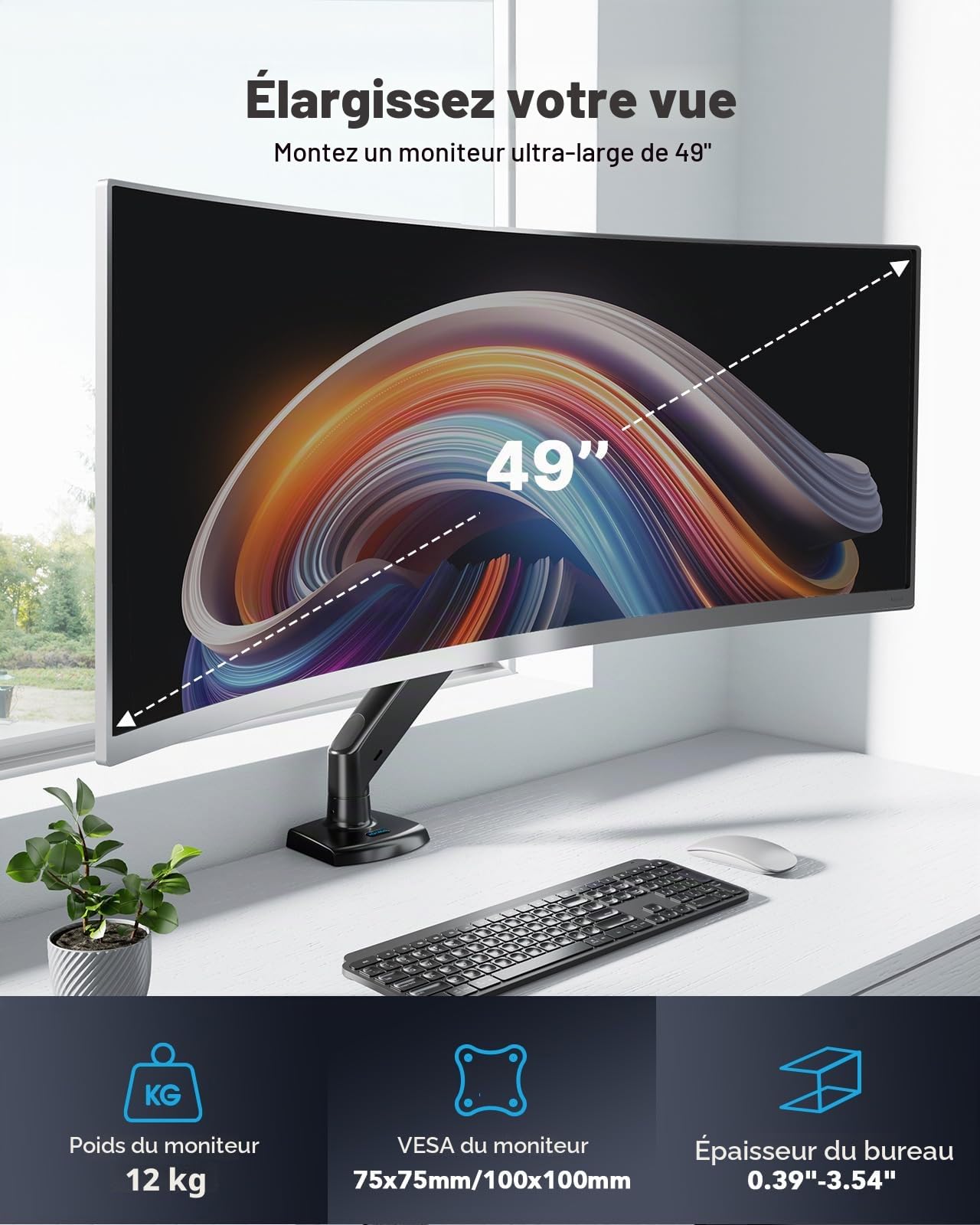 HUANUO Bras Écran pc 49 Pouces Unique, Support Écran pc Ultra-Large Pouvant Supporter 12 kg, Bras Ecran pc Réglable Amélioré avec USB, Pince en C et Base à œillet, VESA 75 x 75 ou 100 x 100 mm Gaming