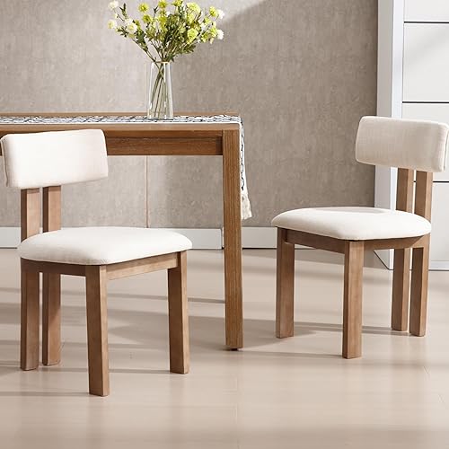 Miniatura 3 de chairus Juego de 2 sillas de comedor de tela de lino, sillas de madera de granja para cocina y comedor, color beige