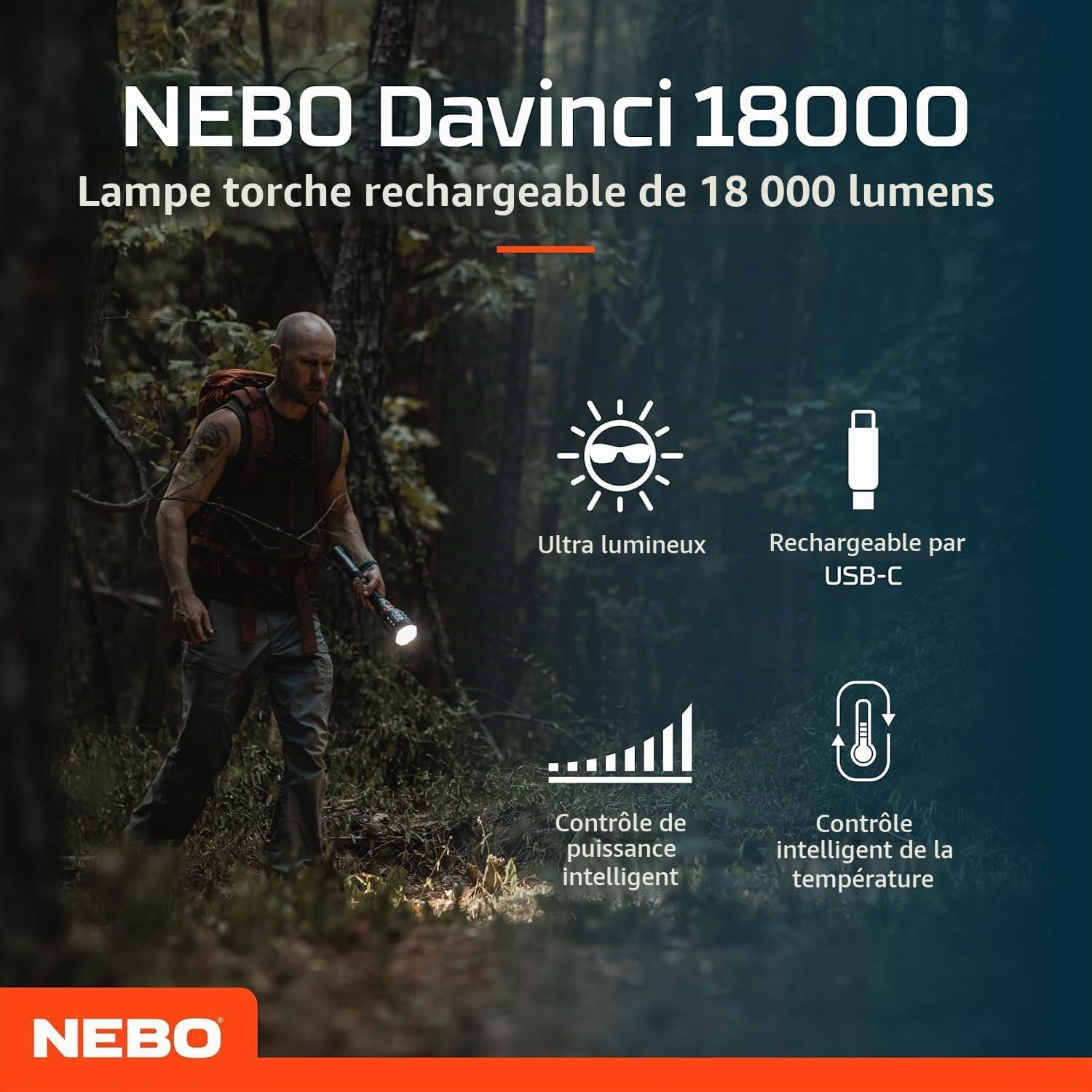 NEBO Davinci 18000 - Lampe Torche rechargeable - Lampe de poche équipée d'une COB LED - Accessoires de camping et de randonnée - 18000lm