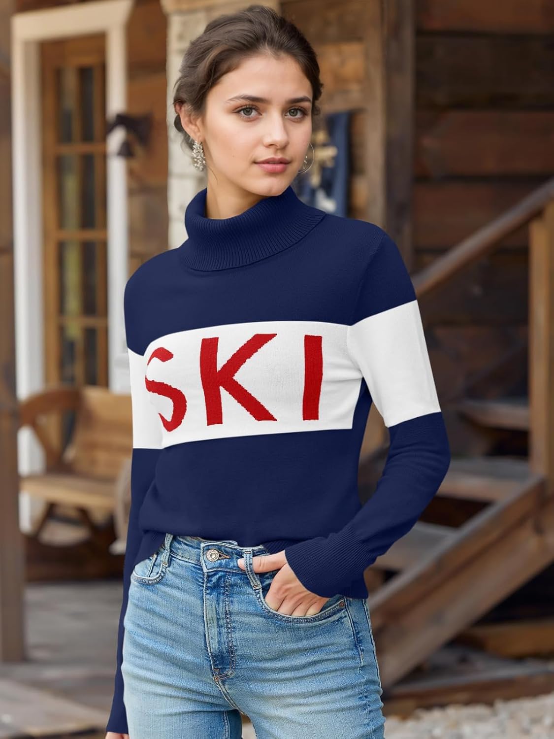 LCXWFE Womens Ski Sweaters Color Block Long Sleeve Turtleneck Pullover Sweater Trendy Knitwear Tops - Image 3