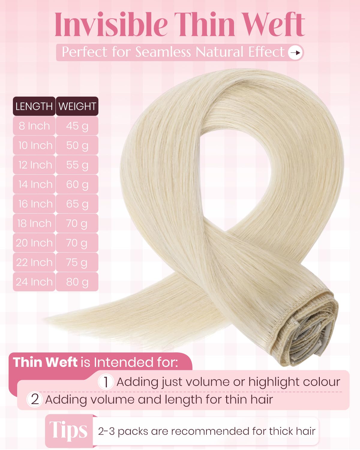 SLEEKALON Human Hair Extensions Clip in Real Hair Remy #60 Platinum Blonde - 14 Inch 60 Gram 8 Pcs Invisible Full Head Weft Straight - Image 4
