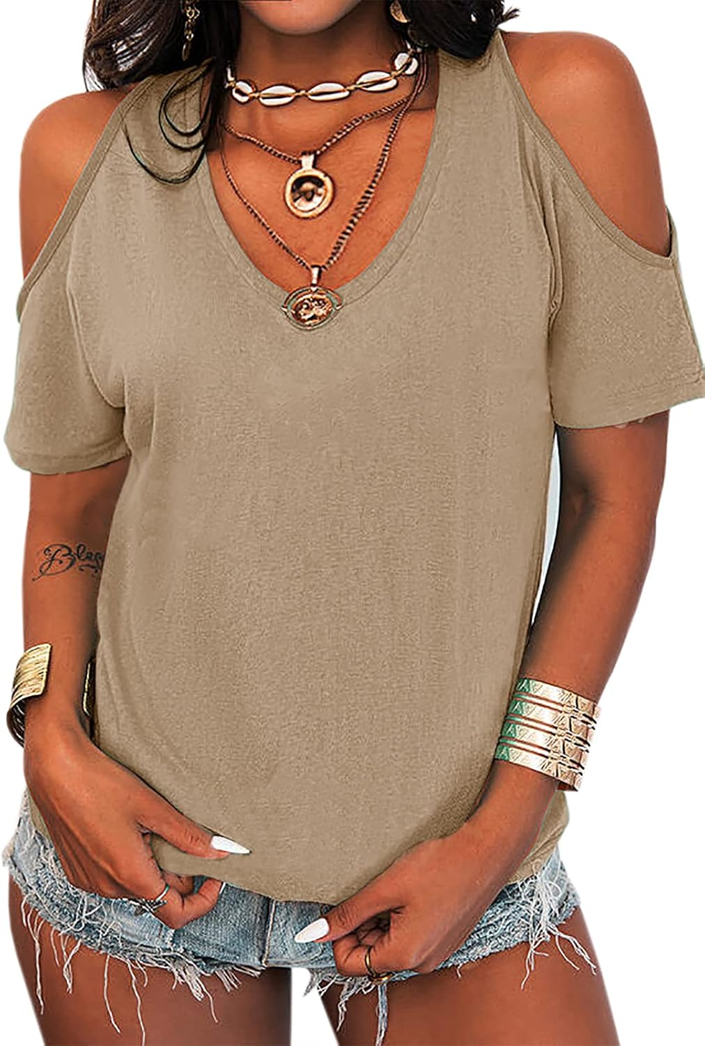 Eurivicy Women's Summer Cold Shoulder T-Shirt Casual Short Sleeve V Neck Blouse Top