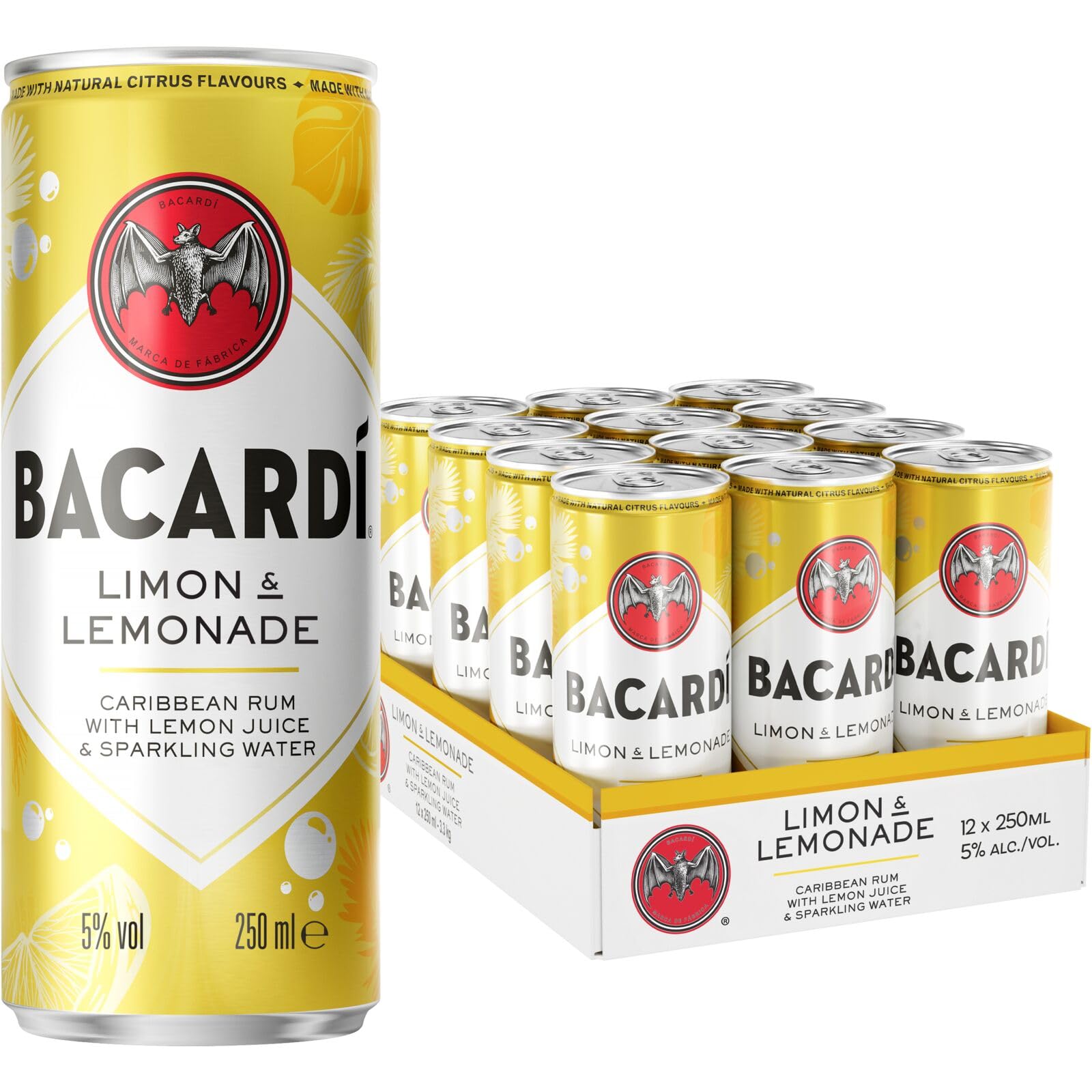 Bacardi Limón & Lemonade, 12 x 5% ABV, 25cl / 250ml, Ready-To-Drink Pre-Mixed Cocktail Can, Made with BACARDÍ Rum and Mixed with Lemon, Lime, Grapefruit and Lemonade