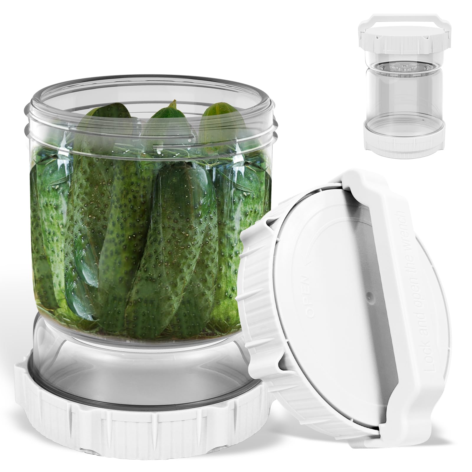 Pickle Jar with Strainer Flip, 50oz Pickle Jars, Pickle Container with Stainless Steel Fork and Leakproof Airtight Lid Pickle Juice Separator Jar Flip for Pickle Gherkins Olives（White）