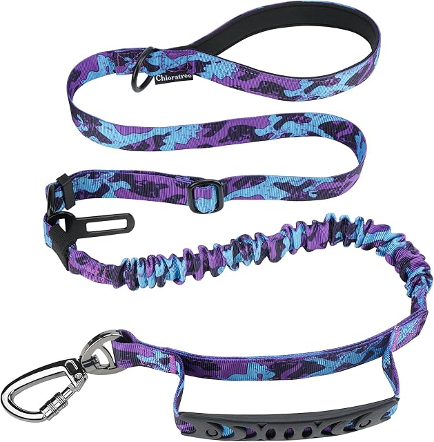 Heavy Duty Dog Leash for Medium Large Dogs, Reflective Tactical Dog Leash 4FT 6FT Strong Shock Absorbing Adjustable Nylon Military K9 Working Lead 2 Handles,Car Seat Belt Buckle,Purple Camo